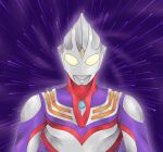  1boy alien armor artist_name breastplate collarbone color_timer colored_skin commentary compound_eyes crystal dorsal_fin english_commentary forehead_jewel giant giant_male glowing glowing_eyes highres looking_at_viewer male_focus multicolored_skin muscular muscular_male no_pupils pectorals purple_background purple_skin red_skin signature silver_skin solo straight-on tokusatsu twitter_username ultra_series ultraman_tiga ultraman_tiga_(multi_type) ultraman_tiga_(series) upper_body waitochan yellow_eyes 