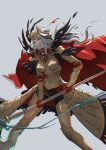  1girl alternate_hairstyle armor axe battle_axe bikini_boody boobplate breastplate breasts cape clenched_teeth commentary edelgard_von_hresvelg edelgard_von_hresvelg_(adrestian_emperor) edelgard_von_hresvelg_(timeskip) english_commentary fake_horns feather_trim feathers fire_emblem fire_emblem:_three_houses fire_emblem_heroes gloves gold_armor hair_down hauteclere headpiece highres holding holding_axe horned_headwear horned_tiara horns long_hair medium_breasts official_alternate_costume parted_lips purple_eyes red_cape simple_background solo standing teeth tiara weapon white_hair 