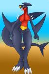  anthro breasts dragon female fish garchomp hi_res looking_at_viewer marine nintendo nipples open_mouth pok&eacute;mon pok&eacute;mon_(species) pok&eacute;morph pussy rorrek shark sharp_teeth simple_background solo teeth tongue tongue_out video_games 