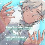  1boy anniversary braid chaldea_logo chaldea_uniform closed_mouth coat commentary_request doro_(kura-chou) english_text engrish_text fate/grand_order fate_(series) hair_over_one_eye hair_over_shoulder hands_up light_particles light_smile looking_ahead male_focus marisbury_animusphere medium_hair parted_bangs ranguage single_braid solo upper_body white_coat white_hair yellow_eyes 