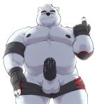  2019 absurd_res anthro balls belly blush bodily_fluids clothing cum erection fur genital_fluids hi_res jumperbear male mammal moobs nipples overweight overweight_male penis polar_bear simple_background solo underwear ursid ursine white_background white_body white_fur wrestler 