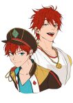  2boys aiguillette amagi_hiiro amagi_rinne bad_id bad_twitter_id black_hat black_jacket blue_eyes blue_shirt brothers chain chain_necklace collarbone commentary cropped_shoulders earrings eizi ensemble_stars! epaulettes fangs gold_chain gold_necklace gold_trim grin hair_between_eyes hat high_collar highres hoop_earrings jacket jewelry looking_at_viewer male_focus multiple_boys necklace open_clothes open_jacket open_mouth peaked_cap raised_eyebrows red_hair red_trim shirt short_hair siblings simple_background single_off_shoulder smile spade_(shape) tongue tongue_out two-sided_fabric two-sided_jacket v-neck v-shaped_eyebrows white_background white_jacket white_shirt yellow_jacket 