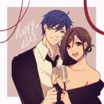  1boy 1girl 2021 bare_shoulders black_dress black_neckwear black_suit blue_eyes blue_hair breasts brown_eyes brown_hair champagne_flute cleavage collarbone commentary cup dress drinking_glass english_commentary formal happy_new_year holding holding_cup kaito looking_at_viewer meiko necktie new_year off-shoulder_dress off_shoulder one_eye_closed open_mouth ribbon shirt smile strapless strapless_dress suit upper_body vocaloid white_shirt yen-mi 