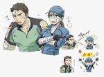  1boy 1girl bandaid bandaid_on_face beard_stubble black_hair blue_eyes blue_hat brown_hair bruise chris_redfield commentary_request facial_hair grey_background hat highres injury jill_valentine resident_evil resident_evil_5 simple_background smile sparkle stubble t_(t345678912) torn_clothes 