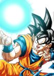  1boy blue_sash blue_shirt dougi dragon_ball dragon_ball_z energy_ball greyscale gvdygdu highres medium_hair monochrome muscular orange_pants orange_shirt pants sash shirt simple_background solo son_goku spiked_hair white_background 