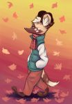  2019 african_wild_dog ambiguous_gender anthro autumn barefoot biped blue_eyes bottomwear canid canine cheek_tuft clothed clothing ear_tuft face_tuft gradient_background hands_in_pockets hi_res inner_ear_fluff jacket juantriforce042 leaf mammal milo_(juantriforce) orange_background pants pockets scarf side_view simple_background solo topwear tuft walking 