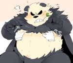  2019 anthro belly black_body black_fur blush fur grope humanoid_hands hyaku_(artist) japanese_text mammal nintendo overweight pangoro pok&eacute;mon pok&eacute;mon_(species) simple_background text video_games white_body white_fur 