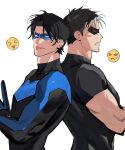  2boys back-to-back batman_(series) black_bodysuit black_gloves black_hair bodysuit brothers commentary_request dc_comics dick_grayson domino_mask emoji eye_mask gloves jason_todd korean_commentary looking_at_viewer male_focus mask multicolored_bodysuit multicolored_hair multiple_boys muscular muscular_male red_hood_(dc) red_hood_and_the_outlaws short_hair short_sleeves siblings simple_background superhero_costume taut_bodysuit tjfclfb tongue tongue_out two-tone_bodysuit upper_body white_background 