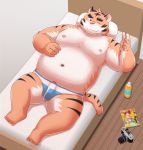  2019 anthro bed belly blush bulge clothing felid furniture humanoid_hands kick_(artist) lying male mammal moobs navel nipples one_eye_closed overweight overweight_male pantherine penis solo tiger underwear wink 