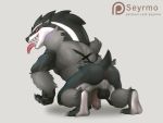  2019 all_fours anthro anus backsack balls black_body black_fur butt claws fur grey_body grey_fur hi_res humanoid_penis long_tongue looking_at_viewer looking_back male mammal mustelid nintendo nude obstagoon open_mouth pawpads paws penis pink_penis pink_tongue pok&eacute;mon pok&eacute;mon_(species) presenting presenting_anus presenting_hindquarters presenting_penis red_anus red_eyes seyrmo sharp_claws sharp_teeth smile solo teeth toe_claws tongue tongue_out vein veiny_penis video_games white_body white_fur 