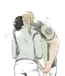  1boy 1girl black_hair blonde_hair blue_shirt chris_redfield commentary_request green_shirt highres holding_another's_arm jill_valentine long_hair pants ponytail resident_evil resident_evil_5 shirt simple_background t_(t345678912) white_background 