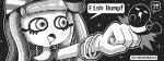  !? 1girl :o artist_name black_background bracelet clownfish commentary drooling english_commentary english_text eyelashes fish greyscale harmony's_clownfish_(splatoon) harmony_(pokemon) jewelry jotheweirdo monochrome mouth_drool multiple_bracelets open_mouth outline pixel_art punching simple_background speech_bubble splatoon_(series) spoken_interrobang white_outline 
