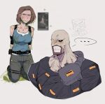 ... 1girl 2boys blue_eyes blue_shirt blush brown_hair commentary english_commentary grey_background highres jewelry jill_valentine multiple_boys necklace nemesis_(resident_evil) nikolai_zinoviev one-eyed pants resident_evil resident_evil:_resistance resident_evil_3:_nemesis resident_evil_3_(remake) shirt sleepynua slime_(substance) sparkle 