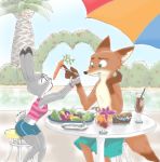  2018 anthro beverage bottomwear canid canine carrot clothing dipstick_ears dipstick_tail disney duo female food fox fur gloves_(marking) hb_runo holding_object judy_hopps lagomorph leporid male mammal markings midriff multicolored_body multicolored_ears multicolored_fur multicolored_tail nick_wilde outside plant rabbit shirt shorts sitting size_difference summer topwear two_tone_body two_tone_fur umbrella vegetable zootopia 
