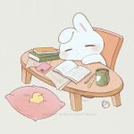  animal animal_focus ayu_(mog) bird blush book cellphone chair closed_eyes commentary_request cup duck english_commentary grey_background head_on_table mixed-language_commentary no_humans open_book original pen phone rabbit romaji_commentary signature simple_background sitting sleeping smartphone table twitter_username watermark 