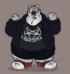  anthro belly clothed clothing ear_piercing facial_hair fur goatee hoodie kikatsu logo male mammal moobs obese obese_male overweight overweight_male patrick_o&#039;toole pentacle piercing polar_bear smile solo standing text thick_thighs topwear ursid ursine white_body white_fur wide_hips 