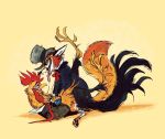  avian better_version_at_source bird bodily_fluids canid canine chicken clothed clothing duo fox galliform gallus_(genus) hat headgear headwear kissing kour mammal phasianid red_ribbon red_tie saliva simple_background top_hat 
