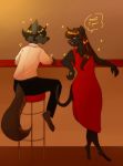 bar bar_stool bottomwear brown_hair canid canine canis clothed clothing crossdressing dress felid flirting furniture girly hair hi_res jeans long_hair male male/male mammal mince--meat pantherine pants shirt sparkles speech_bubble stool topwear wolf 