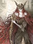 1boy 1girl arch architecture armor blonde_hair brother_and_sister brown_dress cape circlet commentary covered_eyes dress elden_ring english_commentary floating_hair fur_trim gold_armor gold_circlet hand_on_own_arm helmet helmet_over_eyes highres in-universe_location kirkkafrr long_hair malenia_blade_of_miquella mechanical_arms miquella_(elden_ring) outdoors prosthesis prosthetic_arm red_cape red_hair siblings single_mechanical_arm sleeveless_tunic three-quarter_sleeves tunic white_tunic winged_helmet 