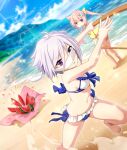  2girls ahoge bare_legs barefoot beach bikini blindfold blindfold_slip blue_bow blue_sky bow bow_bikini breasts brown_eyes cleavage cloud comedic_sweatdrop day dot_nose dust_cloud dutch_angle food frilled_bikini frills fruit game_cg groin hair_horns hair_ribbon holding holding_stick horizon itomi_sayaka long_hair lunging mashiko_kaoru multiple_girls navel non-circular_lens_flare ocean official_art open_mouth parted_lips pink_hair purple_eyes purple_hair ribbon shirt short_hair sideboob sky slouching small_breasts sparkle stick suikawari sweatdrop swimsuit teeth third-party_source toji_no_miko toji_no_miko:_kizamishi_issen_no_tomoshibi twintails watermelon watermelon_slice white_bikini yellow_ribbon yellow_shirt 