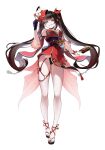  1girl absurdres black_sandals breasts card cleavage collarbone commentary_request detached_sleeves fingernails fox_mask hair_between_eyes hair_ornament hands_on_own_hips highres holding holding_mask honkai:_star_rail honkai_(series) japanese_clothes kimono kmsdnok12345 long_hair mask mask_on_head medium_breasts mole mole_under_each_eye mole_under_eye multiple_moles nail_polish o-ring o-ring_thigh_strap pink_eyes red_kimono sandals simple_background sleeveless sleeveless_kimono sparkle_(honkai:_star_rail) teeth thigh_strap toenail_polish toenails twintails very_long_hair white_background 