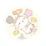  :3 :d animal animal_focus ayu_(mog) bird blush_stickers candy cat closed_eyes commentary_request duck food heart highres lying no_humans on_back on_bed original signature smile star_(symbol) twitter_username watermark whiskers white_cat wrapped_candy 