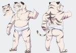  2013 anthro asian_clothing belly butt clothing east_asian_clothing felid fundoshi fur gku japanese_clothing male mammal pantherine simple_background slightly_chubby solo tiger underwear white_body white_fur 