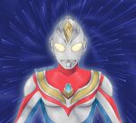  1boy alien armor artist_name blue_background blue_skin breastplate collarbone color_timer colored_skin commentary compound_eyes crystal dorsal_fin english_commentary forehead_jewel giant giant_male glowing glowing_eyes highres looking_at_viewer male_focus multicolored_skin no_pupils pectorals red_skin signature silver_skin solo straight-on tokusatsu toned toned_male twitter_username ultra_series ultraman_dyna ultraman_dyna_(flash_type) ultraman_dyna_(series) upper_body waitochan yellow_eyes 