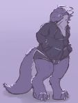  2014 anthro biped blue_tongue bulge claws clothed clothing digital_drawing_(artwork) digital_media_(artwork) digitigrade dragon full-length_portrait fur grin half-closed_eyes hi_res hoodie horn male monochrome multicolored_body multicolored_fur nixx nixx_(character) portrait purple_background scalie simple_background slightly_chubby smile solo standing toe_claws tongue tongue_out topwear two_tone_body two_tone_fur underwear 