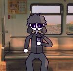 anatomically_inaccurate anthro black_eyes black_nose bottomwear canid canine canis clothing detailed_background domestic_dog electronics glowing glowing_eyes grey_bottomwear grey_clothing grey_ears grey_hair grey_pants grey_sweater grey_topwear hair holding_object holding_phone juanpafur_(juanpagames) juanpagames male mammal pants phone poodle pupils purple_pupils sitting solo sweater toony topwear watermark white_body