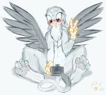 aged_up avian blush camera camera_flash friendship_is_magic frist44 gabby_(mlp) gesture gryphon hi_res my_little_pony nipples pawpads paws selfie smile solo v_sign wings 