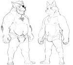  2016 anthro belly bulge canid canine canis clothing domestic_dog duo eye_patch eyewear gku hi_res humanoid_hands jockstrap male mammal moobs navel nipples overweight overweight_male pubes simple_background underwear white_background 