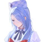  1girl animal_ear_headwear animal_ears beads beanie black_bow black_bowtie blue_hair bow bowtie brooch cat_ears closed_mouth collared_shirt commentary_request dot_nose eyelashes fake_animal_ears frilled_shirt_collar frills hair_over_one_eye hair_over_shoulder hat highres infinity_nikki jewelry light_blush lips long_hair looking_ahead nervous nikki_(series) plaid_hat puffy_short_sleeves puffy_sleeves purple_eyes purple_hat red_bow red_bowtie shirt short_sleeves shuangjiaoyidianfaxianshiqingbingbujiandan simple_background solo stylist_(nikki) upper_body wavy_mouth white_background white_shirt 