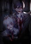  2boys abandoned bandage_on_face bandages behind_another black_hair blazer blood blood_in_hair blood_on_face blood_on_ground blood_on_hands blood_on_wall blood_splatter blood_spray blue_eyes brown_coat closed_eyes coat commentary cowboy_shot crack_of_light curtains death dirty dirty_clothes dismemberment dress_shirt empty_eyes facing_viewer guro hand_in_another's_hair hand_on_another's_leg highres indoors jacket kadoi_oe kneeling looking_at_viewer loose_necktie male_focus multiple_boys murder necktie on_ground open_clothes open_coat open_mouth original red_necktie shirt short_hair side-by-side smile vignetting white_coat white_hair white_shirt 
