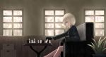 1girl black_gloves bloody_handprints board_game box breasts chess chess_piece day gloves highres indoors long_sleeves magaoo12 original plant potted_plant profile short_hair silhouette sitting small_breasts solo_focus table white_hair window zombie 