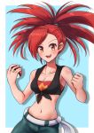  1girl :d asuna_(pokemon) asymmetrical_bangs bangs blue_pants blush bound bra breasts cleavage collarbone gym_leader highres holding holding_poke_ball long_hair looking_at_viewer medium_breasts midriff navel open_mouth pants poke_ball poke_ball_(generic) pokemon pokemon_(game) pokemon_oras red_bra red_eyes red_hair shiny shiny_hair shiny_skin sleeves smile solo standing stomach strapless strapless_bra tied_hair tied_up tubetop underwear wakaba_(wata_ridley) 