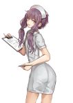  1girl bad_anatomy clipboard commentary cowboy_shot dress hair_ornament hand_up hat highres holding holding_clipboard holding_pen left-handed looking_at_viewer looking_back nurse nurse_cap parted_lips pen pinky_out purple_eyes purple_hair shiroice short_hair_with_long_locks sidelocks smile solo twitter_username vocaloid voiceroid white_background white_dress yuzuki_yukari 