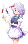  apron back_bow blue_dress bow braid cowboy_shot dress frills green_ribbon hair_ribbon izayoi_sakuya juggling knife looking_at_viewer maguro_(mawaru_sushi) maid maid_headdress neck_ribbon red_eyes ribbon shirt short_dress short_hair short_sleeves silver_hair simple_background smile touhou twin_braids waist_apron white_background white_bow white_shirt wristband 