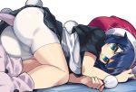  1girl all_fours arm_rest arm_support ass bare_arms bare_legs bike_shorts blue_eyes blue_hair breasts covered_mouth crop_top cropped_shirt doremy_sweet hat impossible_clothes impossible_shorts large_breasts looking_at_viewer miniskirt nightcap pink_footwear pom_pom_(clothes) sakaki_(utigi) shirt short_sleeves shorts shorts_under_skirt skirt solo tail tapir_tail touhou white_shorts 