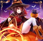  1girl artist_name bandaged_leg bandages bat belt black_headwear black_legwear blank_eyes blush boots breasts brown_footwear brown_hair bucket cat chomusuke cloak cross dress foreshortening full_body halloween hand_on_headwear hat highres jack-o&#039;-lantern kono_subarashii_sekai_ni_shukufuku_wo! leather leather_boots long_sleeves looking_at_viewer m-musume_(catbagel) magic medium_hair megumin open_mouth red_eyes short_dress sidelocks single_thighhigh small_breasts staff thighhighs thighs witch_hat 