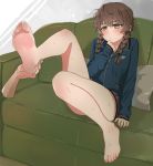 1girl absurdres amane_suzuha bare_legs barefoot blush braid breasts brown_hair couch disembodied_limb eyebrows_visible_through_hair feet full_body green_eyes hand_on_own_chest highres indoors jacket kahlua_(artist) long_sleeves medium_hair messy_hair pillow puckered_lips side_braids small_breasts soles solo_focus steins;gate sweat track_jacket twin_braids zipper 