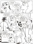  anthro black_and_white bodily_fluids canid canine clothed clothing comic disney felid female fox hand_holding hi_res judy_hopps lagomorph leporid lion male mammal monochrome nick_wilde officer_delgato officer_fangmeyer pantherine rabbit rockbottomfeeder speech_bubble sweat text tiger zootopia 