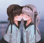  2girls alternate_costume bangs black_headband black_sailor_collar black_skirt blurry blurry_background blush brown_hair cheek-to-cheek clothes_writing depth_of_field grey_eyes hachimaki hair_flaps hatsuzuki_(kantai_collection) headband highres kantai_collection long_hair long_sleeves looking_at_viewer multiple_girls neckerchief one_side_up sailor_collar school_uniform serafuku short_hair silver_hair skirt suzutsuki_(kantai_collection) tifg39 upper_body white_neckwear yellow_eyes 