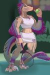  2018 3_fingers 3_toes absurd_res anthro armband ball bottomwear bra breasts chest_tuft claws clothing collarbone dinosaur eyelashes feathers female finger_claws fingers glenthefossa green_eyes hi_res holding_object muscular muscular_female navel non-mammal_breasts purple_body purple_feathers reptile scalie sharp_teeth skirt smile solo sports_bra teeth tennis_ball tennis_racket toe_claws toes tuft underwear yellow_sclera 