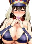  1girl bangs bare_shoulders bead_necklace beads bikini blush breasts brown_hair cleavage condom_wrapper detached_sleeves earrings fate/grand_order fate_(series) hair_between_eyes hat headdress hoop_earrings jewelry kanno_takanori large_breasts long_hair looking_at_viewer necklace prayer_beads purple_bikini purple_eyes simple_background solo sweat swimsuit white_background xuanzang_(fate/grand_order) 