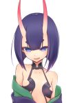  1girl absurdres bare_shoulders fang fate/grand_order fate_(series) flat_chest highres horns looking_at_viewer oniku_(pixiv_28205308) open_mouth purple_eyes purple_hair short_hair shuten_douji_(fate/grand_order) simple_background solo upper_body white_background 