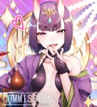  1girl absurdres artist_name bangs bare_shoulders blush bob_cut breasts bridal_gauntlets collarbone commission cup english_text eyeliner fangs fate/grand_order fate_(series) fingernails gourd half-closed_eyes hand_to_own_mouth hands_up headpiece heart highres horns japanese_clothes kimono long_sleeves looking_at_viewer makeup off_shoulder oni oni_horns open_clothes open_kimono open_mouth purple_eyes purple_hair purple_kimono revealing_clothes sakazuki shide short_eyebrows short_hair shuten_douji_(fate/grand_order) small_breasts smile solo sparkle thick_eyebrows upper_body wide_sleeves yakimi_27 