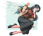  1girl black_footwear black_hair black_skirt blue_background blue_eyes blush breasts brown_coat coat commentary_request full_body glasses large_breasts long_hair long_sleeves necktie paper read_or_die red_neckwear rotix simple_background skirt solo two-tone_background yomiko_readman 