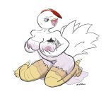  2019 avian big_breasts bird breasts chicken female galliform gallus_(genus) hi_res lamuleterie lilly_the_hen_(lamuleterie) phasianid presenting presenting_breasts simple_background solo tattoo white_background 