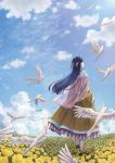  1girl absurdres animal bird blue_hair blue_sky cloud day dress facing_away field flock flower flower_field from_behind hair_flower hair_ornament hair_stick highres honzuki_no_gekokujou long_hair long_sleeves maine_(honzuki_no_gekokujou) nature off_shoulder older pantyhose scenery see-through seki_rice shawl shoes side_bun sky solo standing white_legwear wide_sleeves wind yellow_dress yellow_flower 